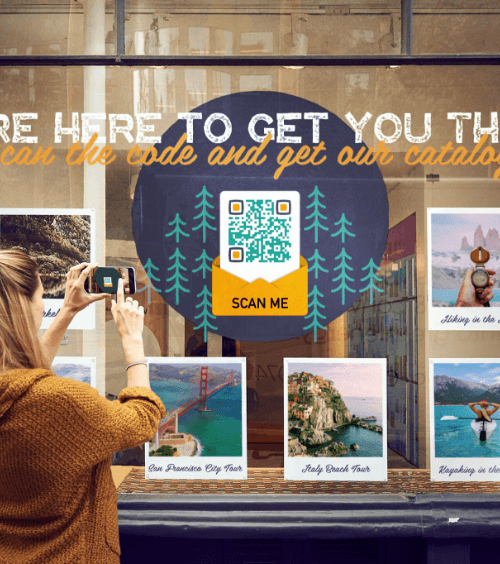 A woman scanning a QR Code to download a pdf catalog outside of a travel agency office